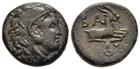 KINGS OF MACEDON. Philip V (221-179). AE. Uncertain Macedonian.

Obv: Head of Herakles to right, wearing lion skin headdress.
Rev: BA.
Two goats recum...