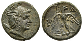 KINGS OF MACEDON. Perseus (179-168 BC). Pella or Amphipolis.

Obv: Helmeted head of the hero Perseus right, with harpa over shoulder.
Rev: B - A. 
Eag...