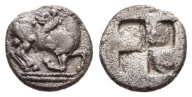 THRACO- MACEDONIAN TRIBES. Mygdones or Krestones. Trihemiobol (Circa 485-470 BC).

Obv: Goat kneeling right, head reverted.
Rev: Quadripartite incuse ...