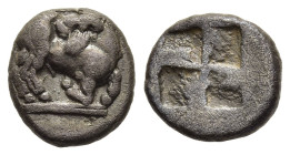 THRACO- MACEDONIAN TRIBES. Mygdones or Krestones. Trihemiobol (Circa 485-470 BC).

Obv: Goat kneeling right, head reverted.
Rev. Quadripartite incuse ...