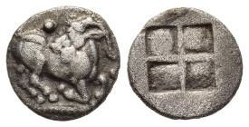 THRACO-MACEDONIAN TRIBES, Mygdones or Krestones. Trihemiobol (Circa 485-470 BC).

Obv: Goat kneeling right, head left; pellets around.
Rev: Quadripart...