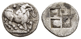 THRACO-MACEDONIAN TRIBES. Mygdones or Krestones. Trihemiobol (Circa 485-470 BC).

Obv: Goat kneeling right, head left; pellets around.
Rev: Quadripart...
