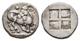 THRACO-MACEDONIAN TRIBES. Mygdones or Krestones. Trihemiobol (Circa 485-470 BC).

Obv: Goat kneeling right, head left; pellets around.
Rev: Quadripart...