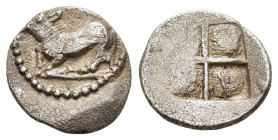 THRACO-MACEDONIAN TRIBES. Orreskioi. Trihemiobol (Circa 500-480 BC). 

Obv: Calf kneeling to left.
Rev. Quadripartite incuse square. 

AMNG pl. 18, 8 ...
