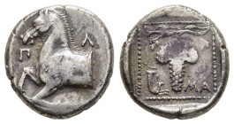 THRACE. Maroneia. Triobol (Circa 398/7-386/5 BC).

Obv: Π - Λ. 
Forepart of horse left.
Rev: Grape bunch on vine; rhyton to left, MA to right; all wit...