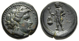 THRACE. Sestos. Ae (4th century BC). 

Obv: Head of Demeter right, wearing grain wreath.
Rev: ΣΗ. 
Hermes standing left, holding kerykeion; amphora to...