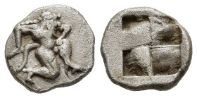 ISLANDS OFF THRACE. Thasos. Diobol (circa 500 BC).

Obv: Satyr running right, while masturbating. 
Rev. Quadripartite square partially incuse.

SNG As...
