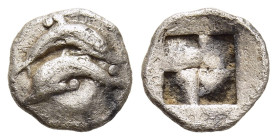 ISLANDS OFF THRACE. Thasos. Sixteenth Stater – Obol (Circa 500-480 BC).

Obv: Two dolphins swimming in opposite directions; pellets around.
Rev: Quadr...