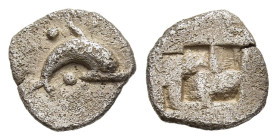 ISLANDS OFF THRACE. Thasos. Hemiobol (Circa 500-480 BC). 

Obv: Dolphin leaping right, pellets above and below.
Rev. Quadripartite incuse square. 

Le...