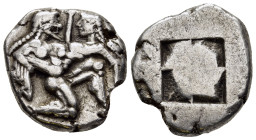 ISLANDS OFF THRACE. Thasos. Stater (Circa 500-480 BC).

Obv: Ithyphallic satyr advancing right, carrying off protesting nymph.
Rev: Quadripartite incu...
