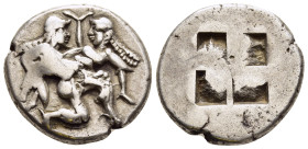 ISLANDS OFF THRACE. Thasos. Stater (Circa 500-480 BC).

Obv: Ithyphallic satyr advancing right, carrying off protesting nymph.
Rev: Quadripartite incu...
