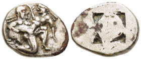 ISLANDS OFF THRACE. Thasos. Fourrée Stater (Circa 480-463 BC).

Obv: Ithyphallic satyr advancing right, carrying off protesting nymph.
Rev: Quadripart...