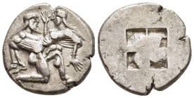 ISLANDS OFF THRACE. Thasos. Stater (Circa 480-463 BC).

Obv: Ithyphallic satyr advancing right, carrying off protesting nymph.
Rev: Quadripartite incu...