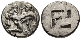 ISLANDS OFF THRACE. Thasos. Stater (Circa 480-463 BC). 

Obv:Nude, ithyphallic satyr rushing to right in the archaic kneeling-running position, holdin...