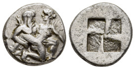 ISLANDS OFF THRACE. Thasos. Drachm (Circa 435-411 BC). 

Obv: Ithyphallic satyr advancing right, carrying off protesting nymph.
Rev: Stippled quadripa...