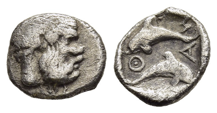ISLANDS OFF THRACE, Thasos. Hemiobol (Circa 412-404 BC). 

Obv: Head of bald and...