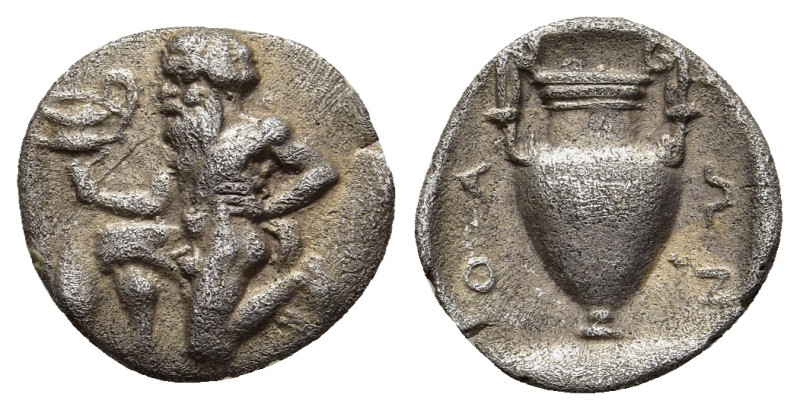 ISLANDS OFF THRACE. Thasos. Trihemiobol (Circa 411-350 BC).

Obv: Satyr kneeling...