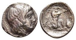 ISLANDS OFF THRACE. Thasos. Hemidrachm (Circa 360-330 BC).

Obv: Young male head right wearing thin hairband.
Rev: Herakles kneeling right, drawing bo...