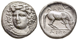 THESSALY. Larissa. Drachm (Circa 356-342 BC).

Obv: Head of the nymph Larissa facing slightly left, hair in ampyx.
Rev: ΛΑΡΙΣ / AIΩΝ. 
Horse crouching...