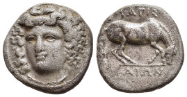 THESSALY. Larissa. Drachm (Circa 356-342 BC).

Obv: Head of the nymph Larissa facing slightly left, with hair in ampyx.
Rev: ΛΑΡΙΣ / AIΩΝ. 
Horse crou...