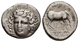 THESSALY. Larissa. Drachm (Circa 356-342 BC).

Obv: Head of the nymph Larissa facing slightly left, with hair in ampyx.
Rev: ΛΑΡΙΣ / AIΩΝ. 
Horse crou...