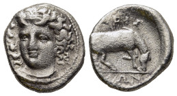 THESSALY. Larissa. Hemidrachm (Circa 356-342 BC).

Obv: Head of the nymph Larissa facing slightly left, with hair in ampyx.
Rev: [ΛΑ]ΡΙΣ / [AI]ΩΝ. 
Ho...