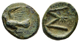 SIKYONIA. Sikyon. Chalkous (Circa 250-200 BC).

Obv: Dove flying left.
Rev: Large Σ with palmette within wreath. 

HGC 5, 268; Warren Group 2.

Condit...