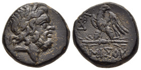 PONTOS. Amisos. Ae (Circa 100-85 BC).

Obv: Laureate head of Zeus right.
Rev: AMIΣOV. 
Eagle, with head right, standing left on thunderbolt; monogram ...