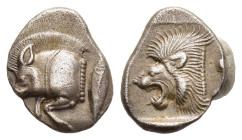 MYSIA. Kyzikos. Obol (Circa 525-475 BC). 

Obv: Forepart of boar left; tunny to right.
Rev: Head of roaring lion left.

Von Fritze II, 9; SNG BnF 373....