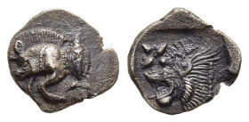 MYSIA. Kyzikos. Hemiobol (Circa 450-400 BC). 

Obv: Forepart of boar left; tunny fish behind.
Rev: Head of roaring lion left; star to upper left; all ...