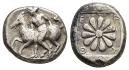 IONIA. Erythrai. Drachm (Circa 480-450 BC).

Obv: Nude male leading horse left; uncertain symbol to upper right.
Rev: E - P - Y - Θ. 
Rosette pattern ...