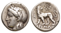 IONIA. Miletos. Drachm (Circa 350-325 BC). Bremos magistrate. 

Obv: Laureate head of Apollo left.
Rev. Lion standing left, looking back at star with ...
