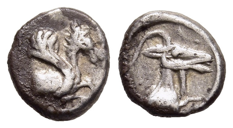 CARIA. Halikarnassos. Obol (5th century BC). 

Obv: Forepart of Pegasos right.
R...
