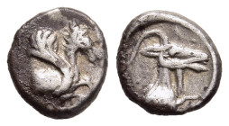 CARIA. Halikarnassos. Obol (5th century BC). 

Obv: Forepart of Pegasos right.
Rev: Leashed head of a goat right.

SNG Copenhagen 336; SNG Kayhan 756....