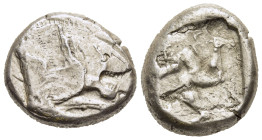 CARIA. Uncertain (Mylasa?). Stater (circa 500- 450 BC).

Obv: Forepart of lion with open jaws to right.
Rev: Irregular incuse square 

Cf. SNG Ashmole...