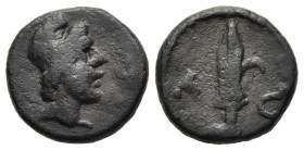 ISLANDS off CARIA. Astypalaia. Dichalkon (2nd-1st centuries BC).

Obv: Head of Perseus right, wearing Phrygian cap.
Rev: A - C. 
Harpa.

BMC 2 var. (Α...