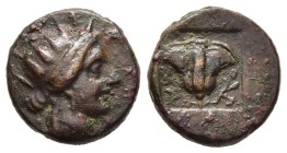 ISLANDS OFF CARIA. Rhodes. Ae (Circa 188-84 BC).

Obv: Radiate head of Helios right.
Rev. P-O.
Rose with bud to left and right, all within incuse ...