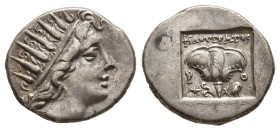 ISLANDS OFF CARIA. Rhodes. Drachm, Philostratos, magistrate (Circa 88-84 BC).

Obv: Radiate head of Helios right.
Rev: P–O.
Rose with bud to left;...