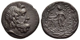 LYDIA. Blaundos. Ae (2nd-1st centuries BC).

Obv: Laureate head of Zeus right.
Rev: MΛAYNΔEωN.
Hermes standing left, holding purse and kerykeion; ...