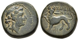 LYDIA. Sardes. Ae (Circa 2nd-1st centuries BC).

Obv: Head of Dionysos right, wearing ivy wreath.
Rev: ΣΑΡΔΙ / AΝΩΝ.
Horned panther standing left,...