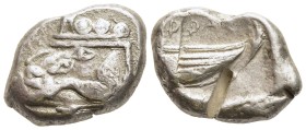 LYCIA. Phaselis. Stater (Circa 500-440 BC).

Obv: Prow of galley left in the form of forepart of boar.
Rev: ΦΑΣ.
Stern of galley right within incu...
