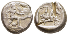 PAMPHYLIA. Aspendos. Stater (Circa 465-430 BC). 

Obv: Hoplite advancing right, holding shield and spear; tortoise to right between legs.
Rev. EΣ.
Tri...