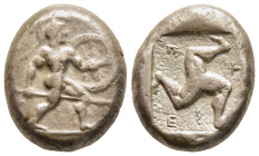 PAMPHYLIA. Aspendos. Stater (Circa 465-430 BC). 

Obv: Warrior advancing right, holding shield and spear. 
Rev: EΣ-T-F.
Triskeles; all within incuse s...