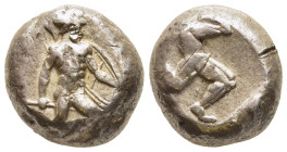 PAMPHYLIA. Aspendos. Stater (Circa 465-430 BC). 

Obv: Helmeted, nude hoplite advancing r. holding shield and spear.
Rev: Triskeles within incuse squa...