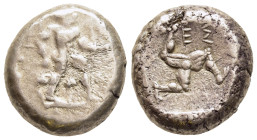 PAMPHYLIA. Aspendos. Stater (Circa 465-430 BC). 

Obv: Warrior advancing right, holding shield and spear; three ivy leaves around feet.
Rev: ΕΣ. 
Tris...