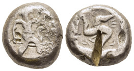 PAMPHYLIA. Contemporary (Lycian?) imitation of an Aspendos Stater (Circa 465-430 BC). 

Obv: Warrior advancing right, holding shield and spear, wearin...