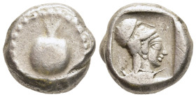 PAMPHYLIA. Side. Stater (Circa 460-430 BC). 

Obv: Pomegranate within dot-and-cable border.
Rev: Head of Athena right, wearing raised Corinthian helme...