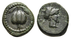 PAMPHYLIA. Side. Ae (1st century BC). 

Obv: Pomegranate.
Rev: Helmeted head of Athena right.

SNG von Aulock 4804; SNG Copenhagen 384. 

Condition: V...