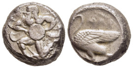 CILICIA. Mallos. Stater (Circa 440-390 BC). 

Obv: Bearded male deity with two pairs of wings in kneeling-running stance left, holding solar disc with...