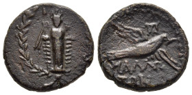 CILICIA. Mallos. Ae (Circa 2nd-1st centuries BC). 

Obv: Facing statue of Athena Megarsis within wreath.
Rev: MAΛΛΩTΩN. 
Eagle flying right; monogram ...